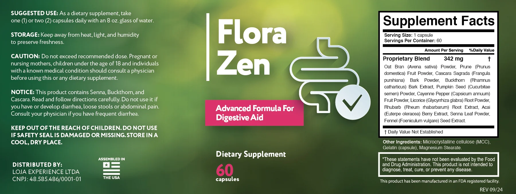 FloraZen supplement facts label showing serving size, full ingredient list, suggested use, and caution information