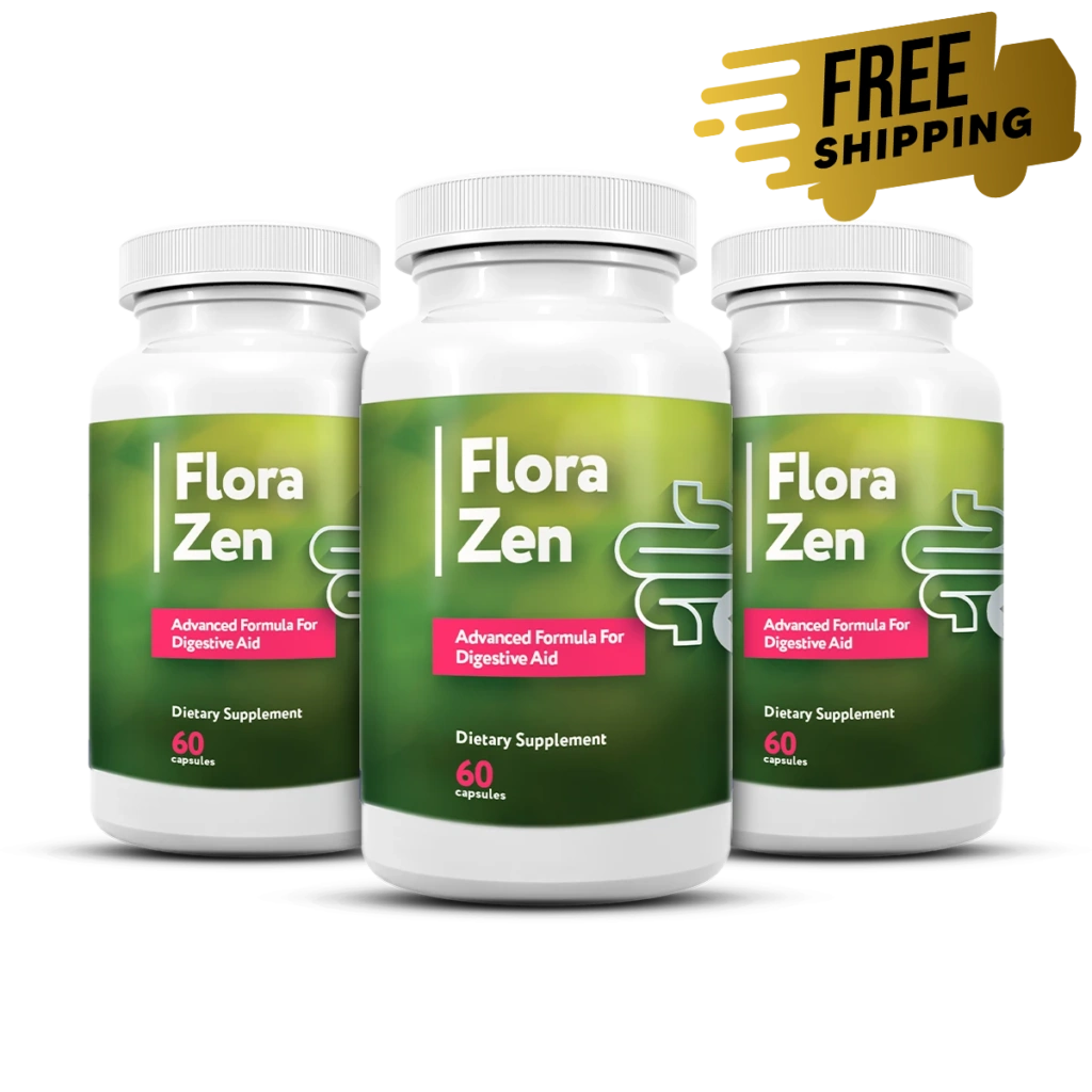 Three white FloraZen supplement bottles with green ombre labels and pink Advanced Formula for Digestive Aid banner, standing side by side